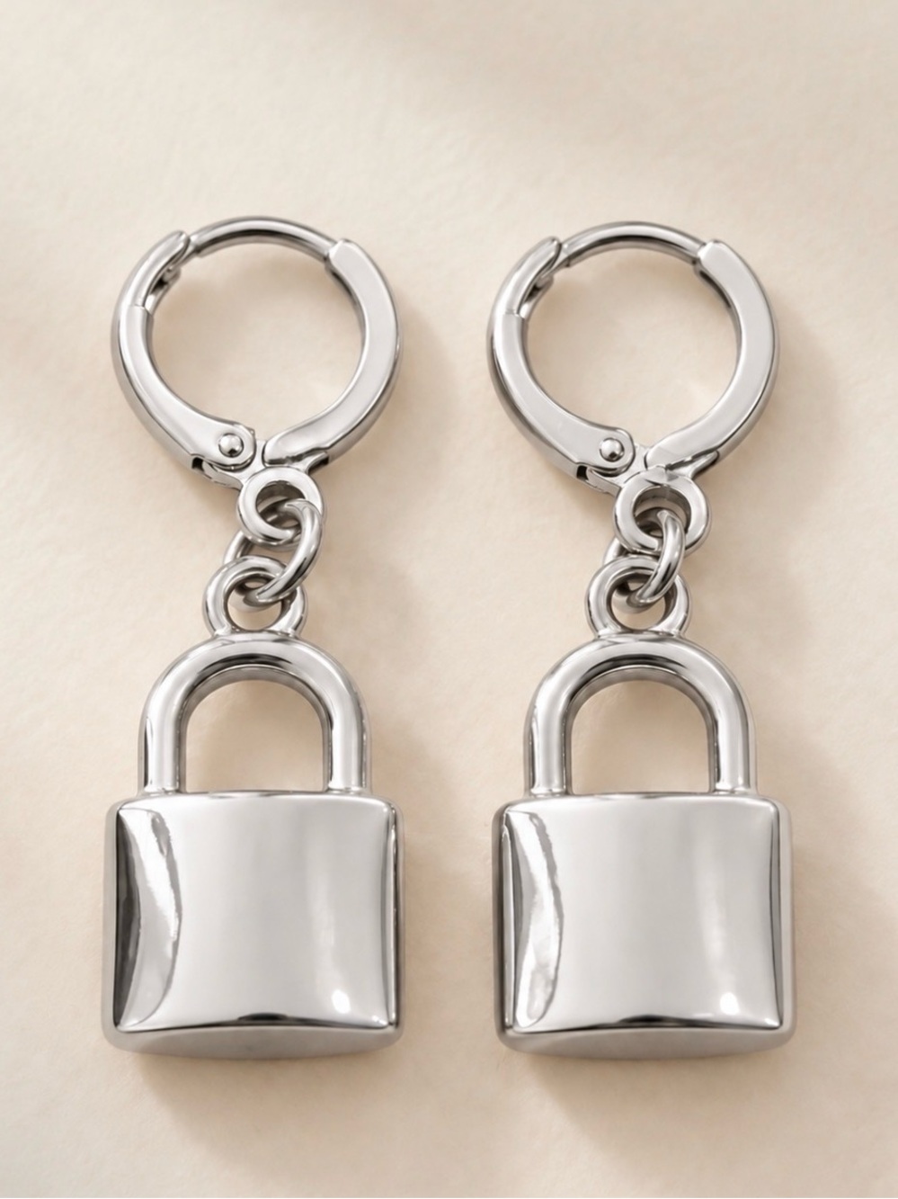 Silver Padlock Dangle Hoop Earrings NWOT